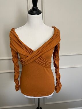 Bailey 44 Off-Shoulder Ruched Long Sleeve Top in Burnt Orange